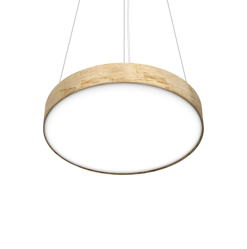 circular LED pendant fixture with tan wood fixture