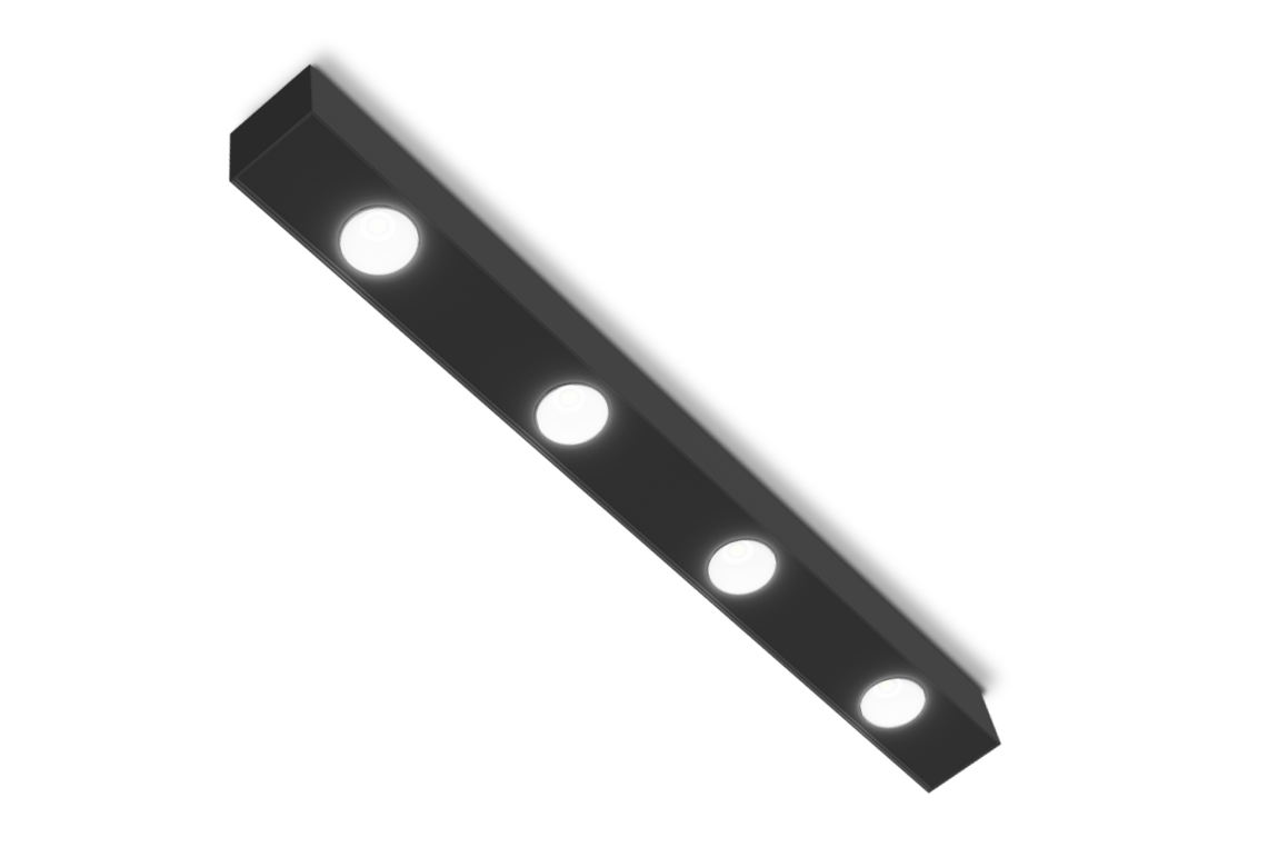 black ceiling mount linear fixture with 4 spots lights