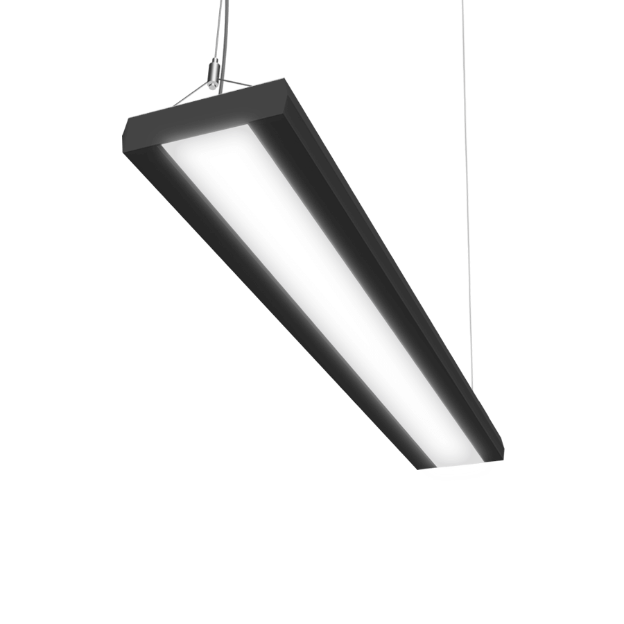 black slim low profile LED light fixture with lens in the middle