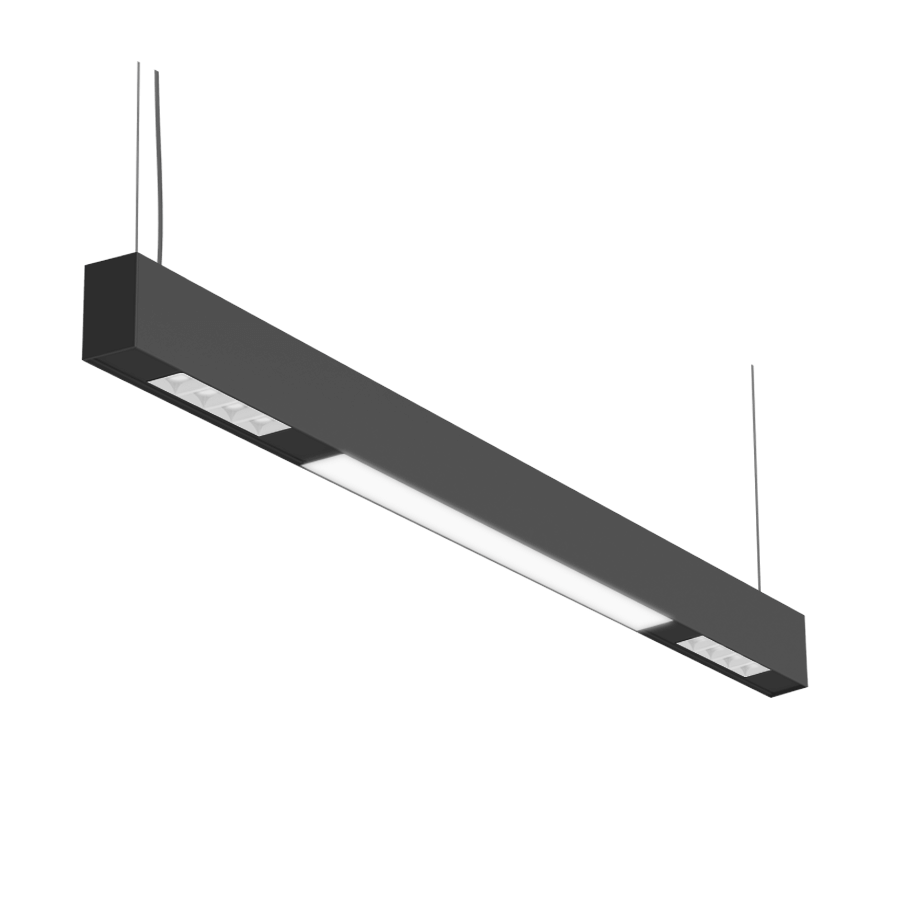 black pendant fixture with a group of spotlights on the bottom