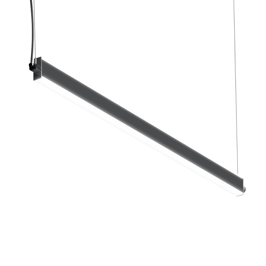 black linear pendant fixture with white lens on top and bottom