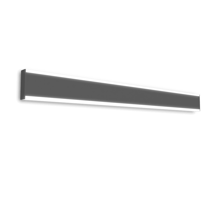 black linear wall mount fixture with white lens on top and bottom