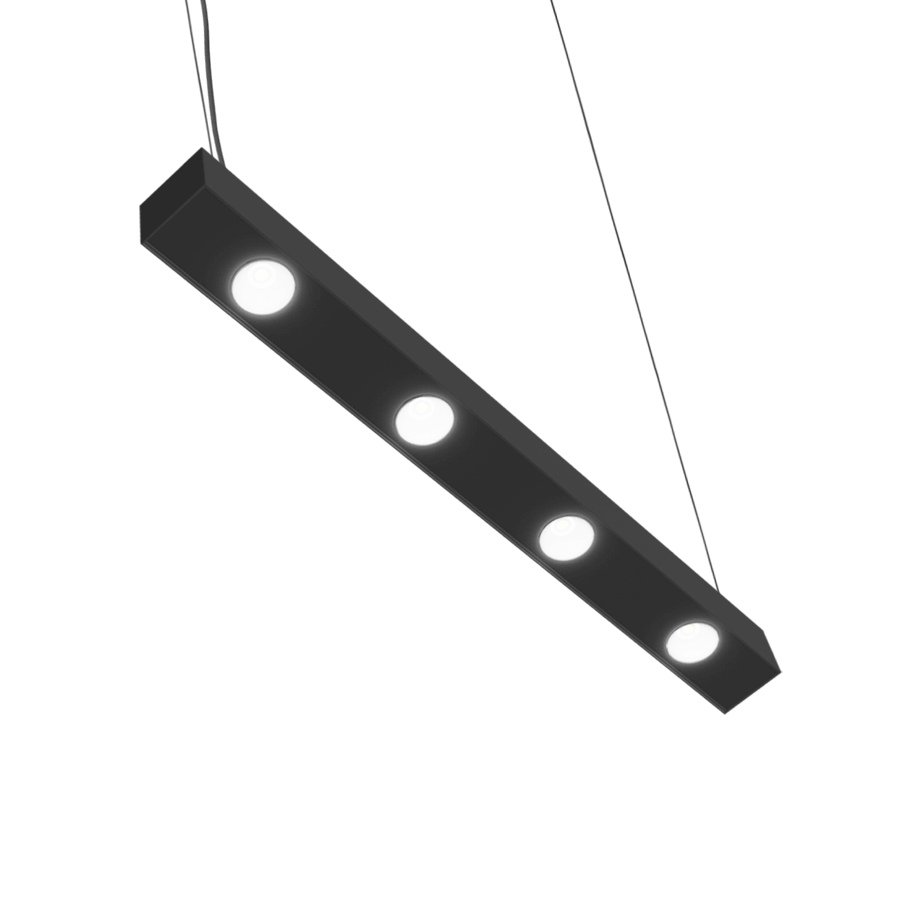 black pendant mount linear light with 4 spot lights
