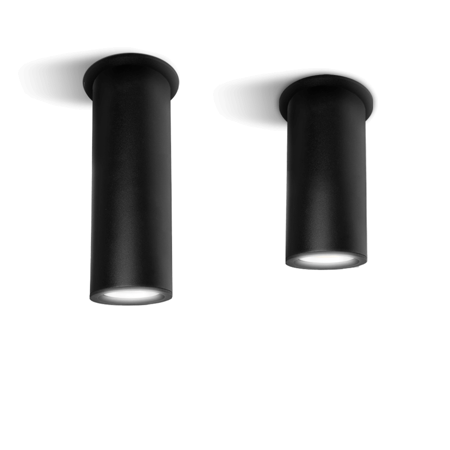 2 ceiling mounted black cylinder light fixtures