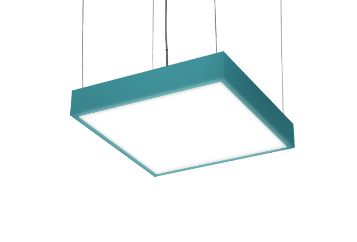teal colored square low profile pendant fixture