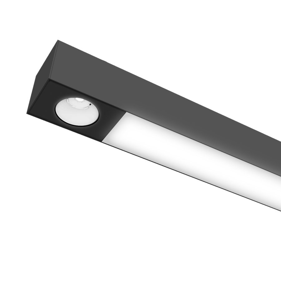 black ceiling mount linear fixture with 4 spots lights