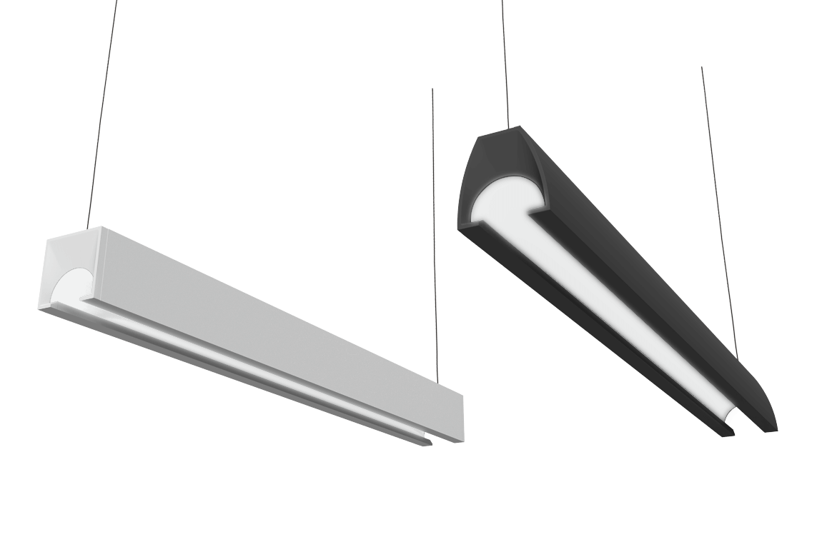 1 white and 1 black linear pendant fixtures