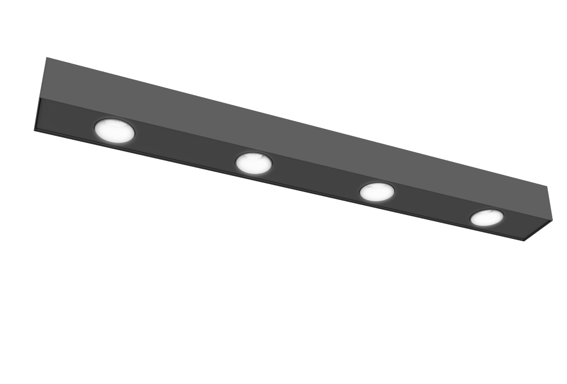 black linear light fixture with 4 spot lights