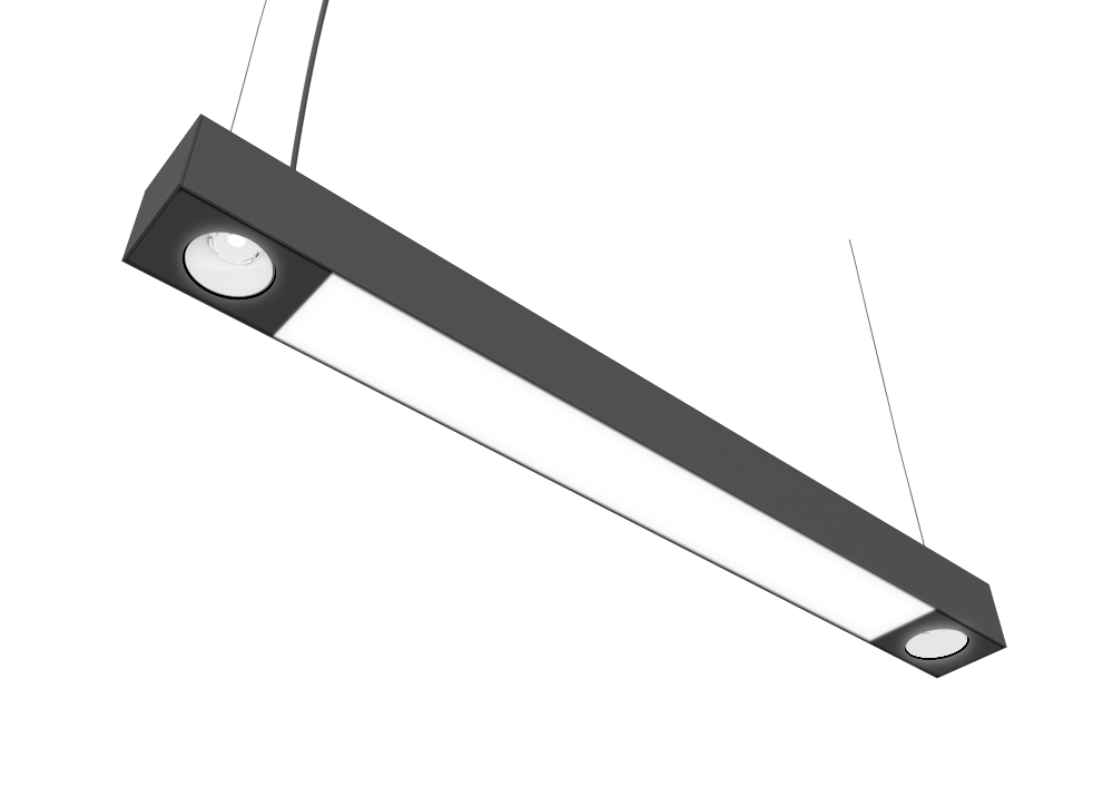 Black pendant fixture with 2 spots on beginning and end and lens in the middle