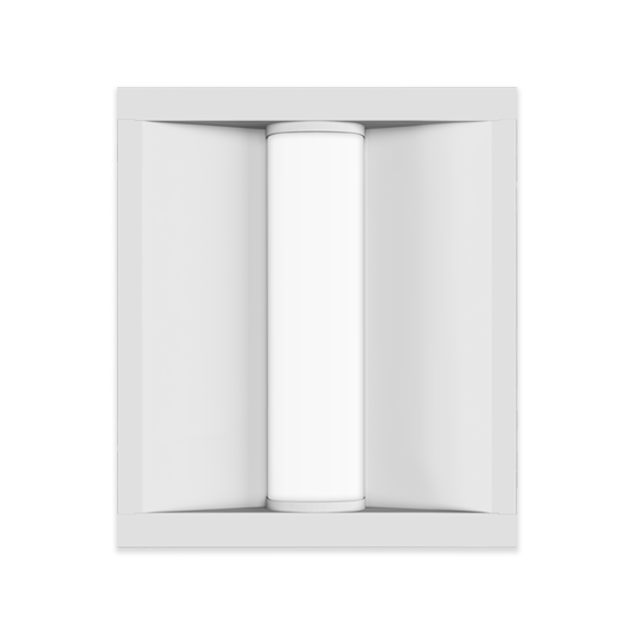 bottom view of white square light fixture