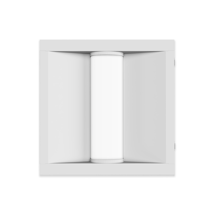 bottom view of white square light fixture