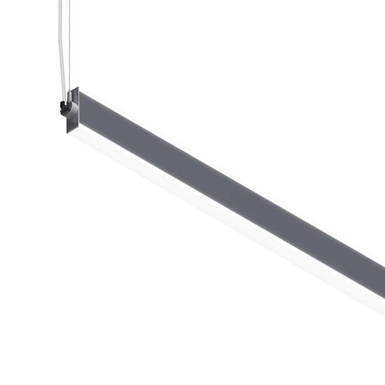 Slim LED linear pendant mount fixture with extruded lens on top and bottom