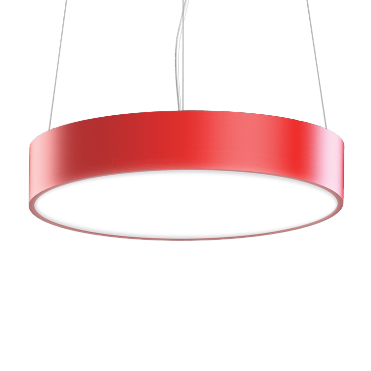 Red circular LED pendant light fixture with direct-indirect distribution