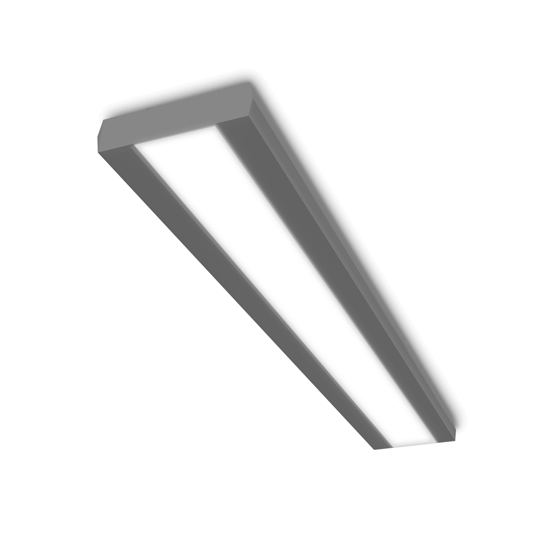 Grey low profile LED light fixture mounted to a ceiling