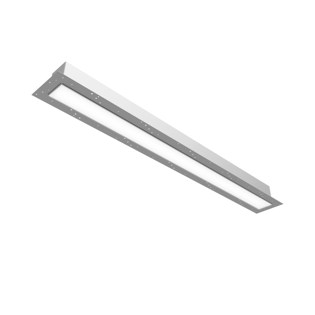 grey recessed LED fixture with perforated side flanges
