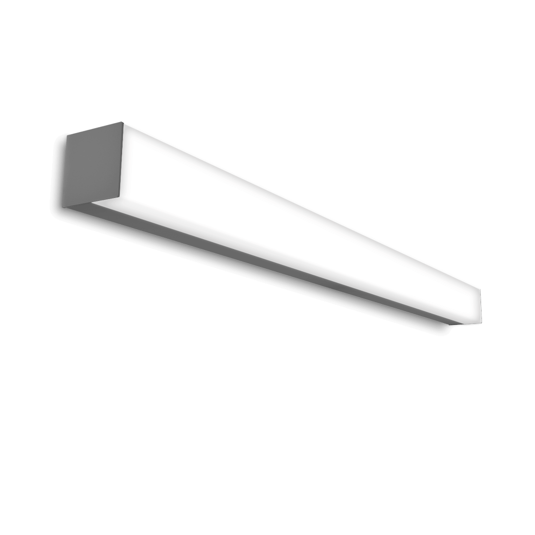 Grey square profile LED fixture with white wrap around lens mounted to a wall