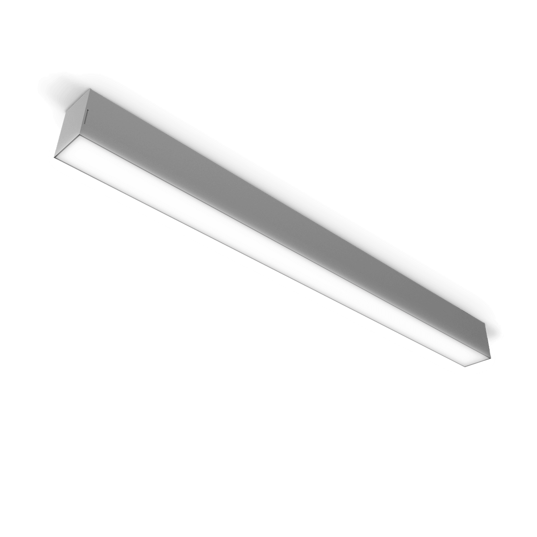 Outdoor grey linear LED light fixture mounted on the ceiling