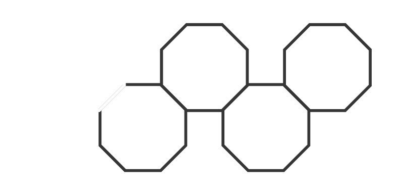 5 octagons connected with one in white and the others grey