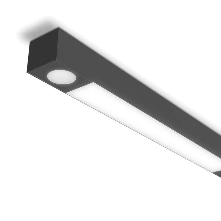 black light fixture mounted to a ceiling with a spotlight at the front end