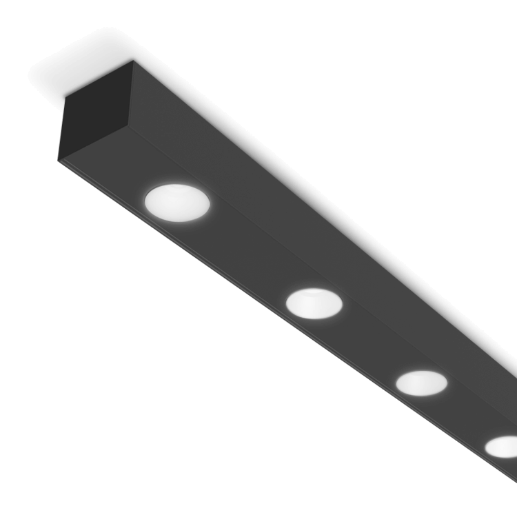 black linear fixture with 4 spot lights mounted to the ceiling