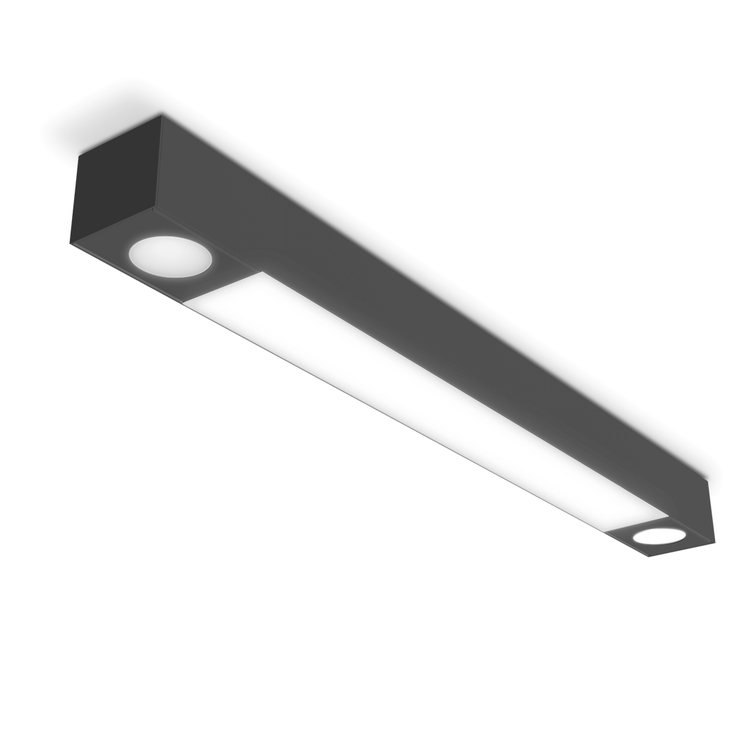 black linear light fixture with spot lights at the ends mounted to the ceiling
