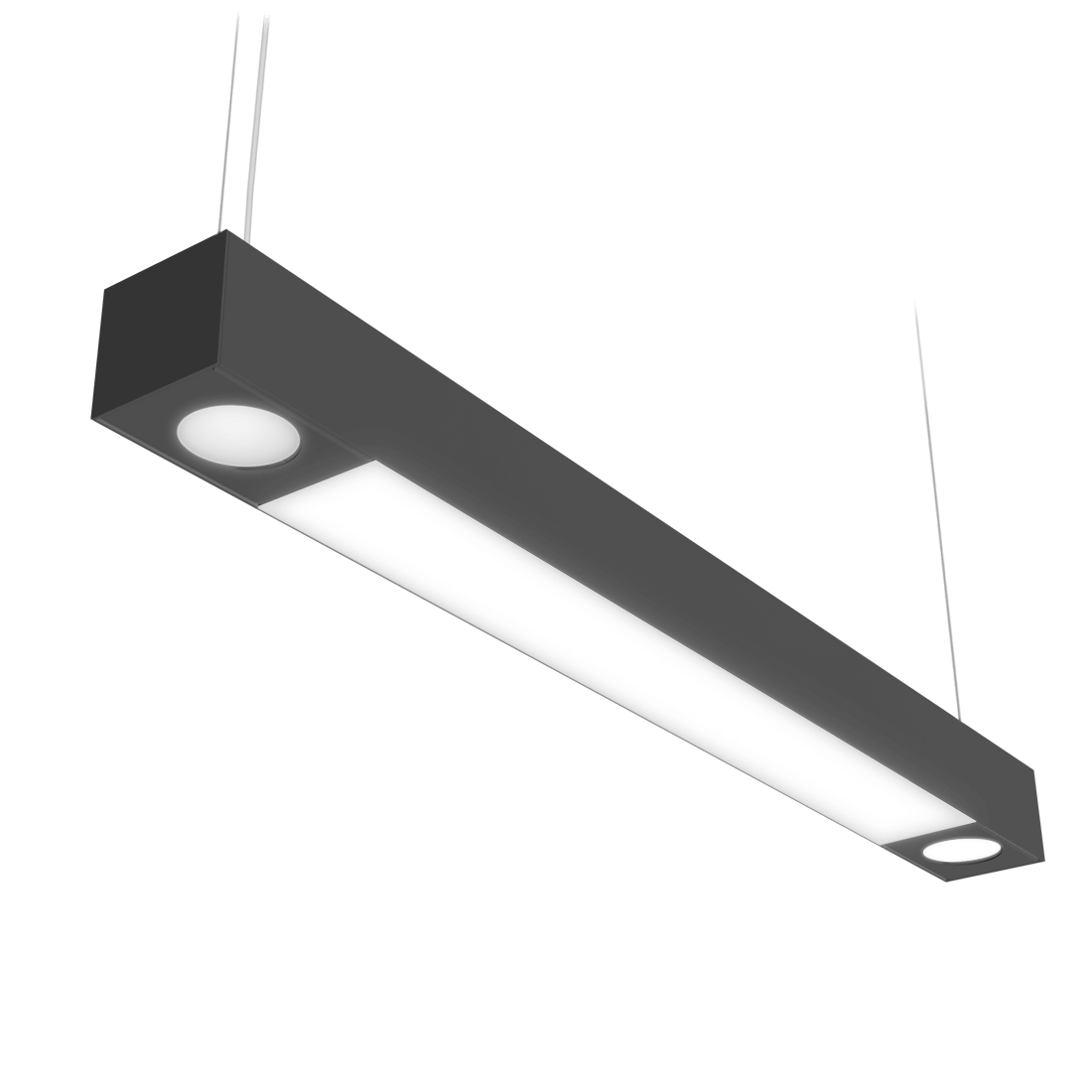 delviro_dtl_linear_spot_suspended_2_23 black LED fixture with frosted lens and spotlights at start and end positions