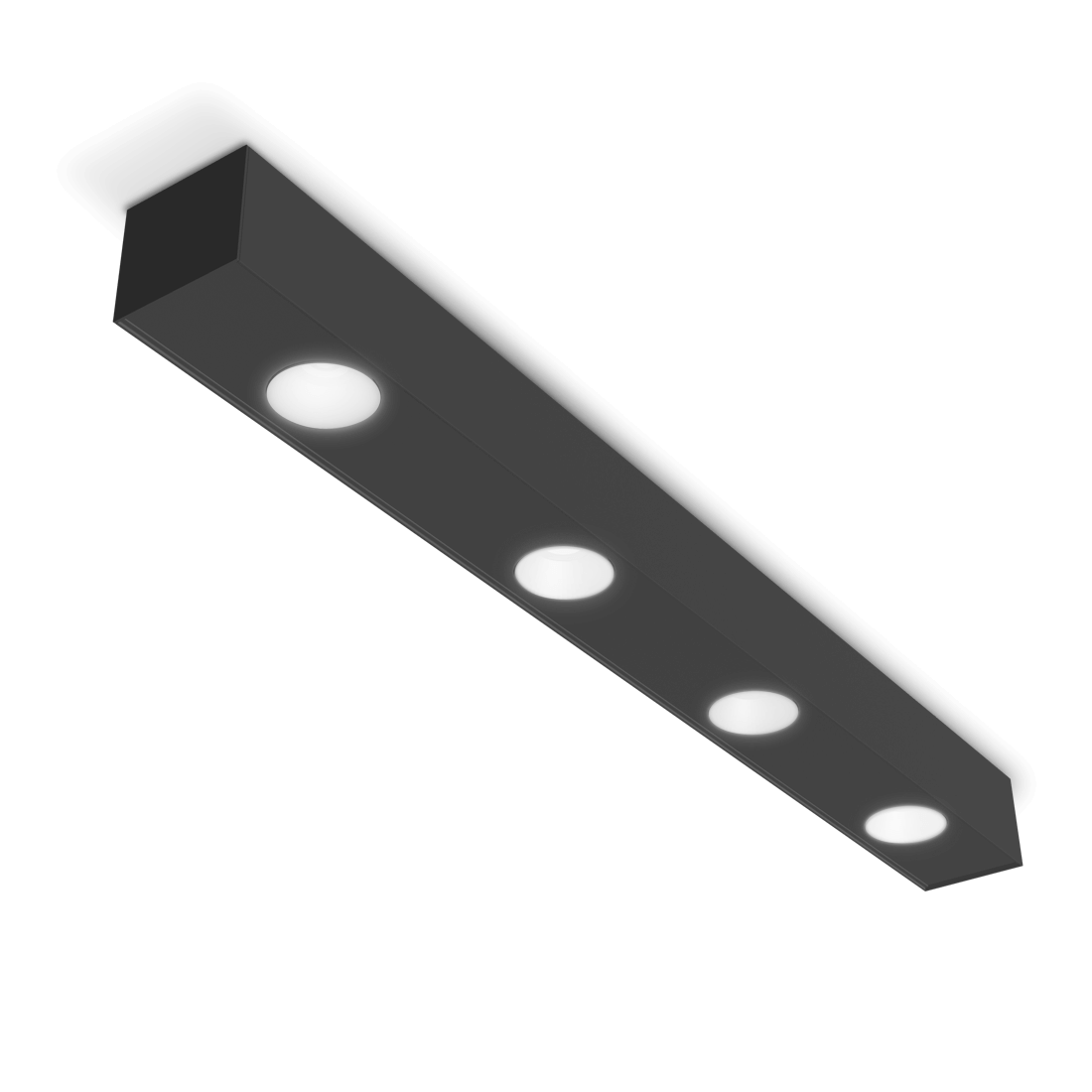 black fixture mounted to a ceiling with 4 spotlights