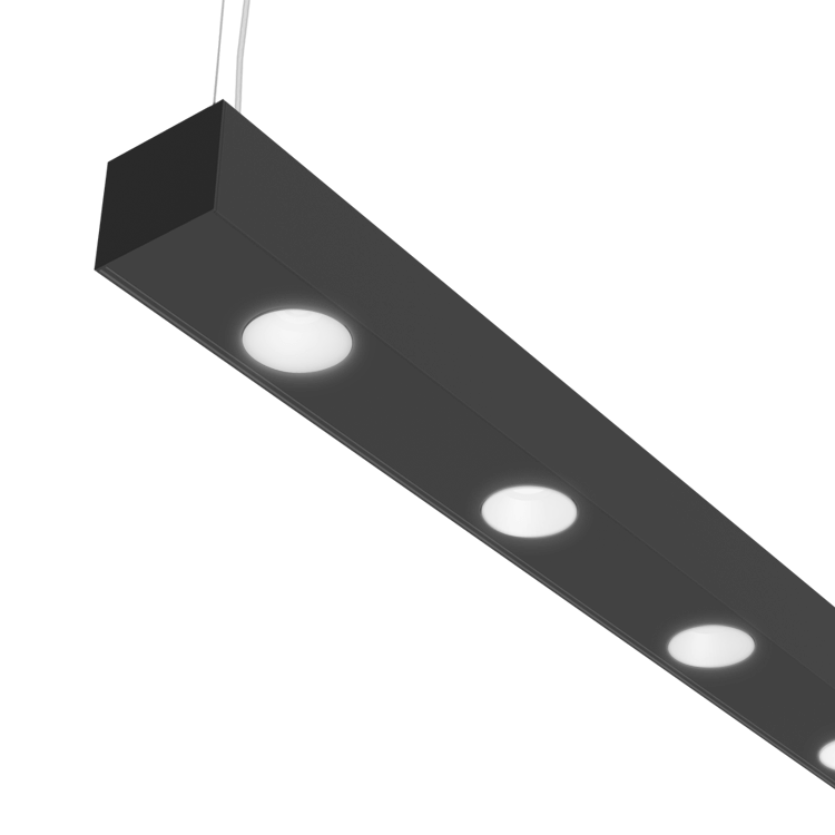 black pendant mounting LED fixture with 3 spotlights