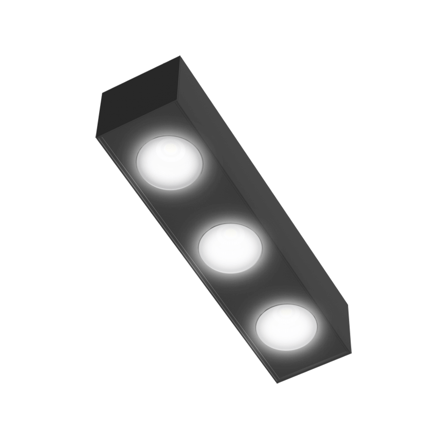black rectangle shaped light fixture with 3 spotlights