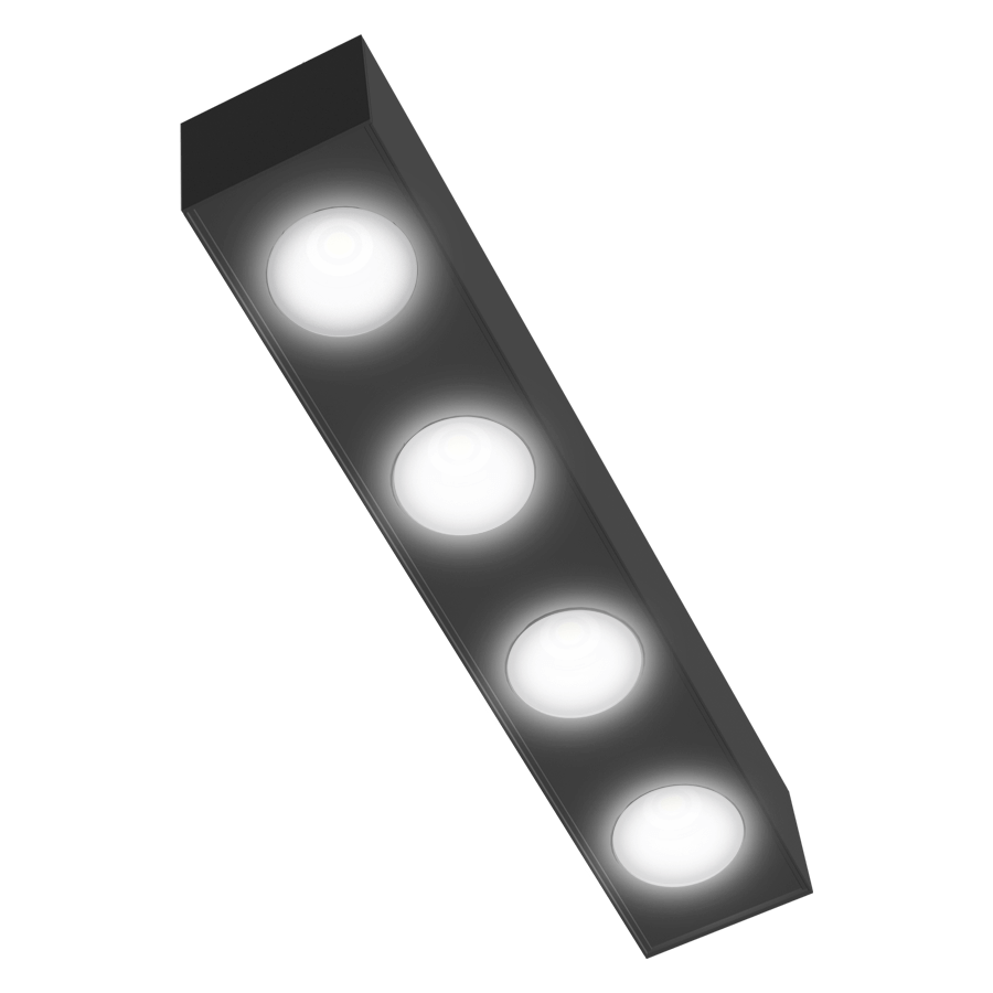 black rectangle shaped light fixture with 4 spotlights
