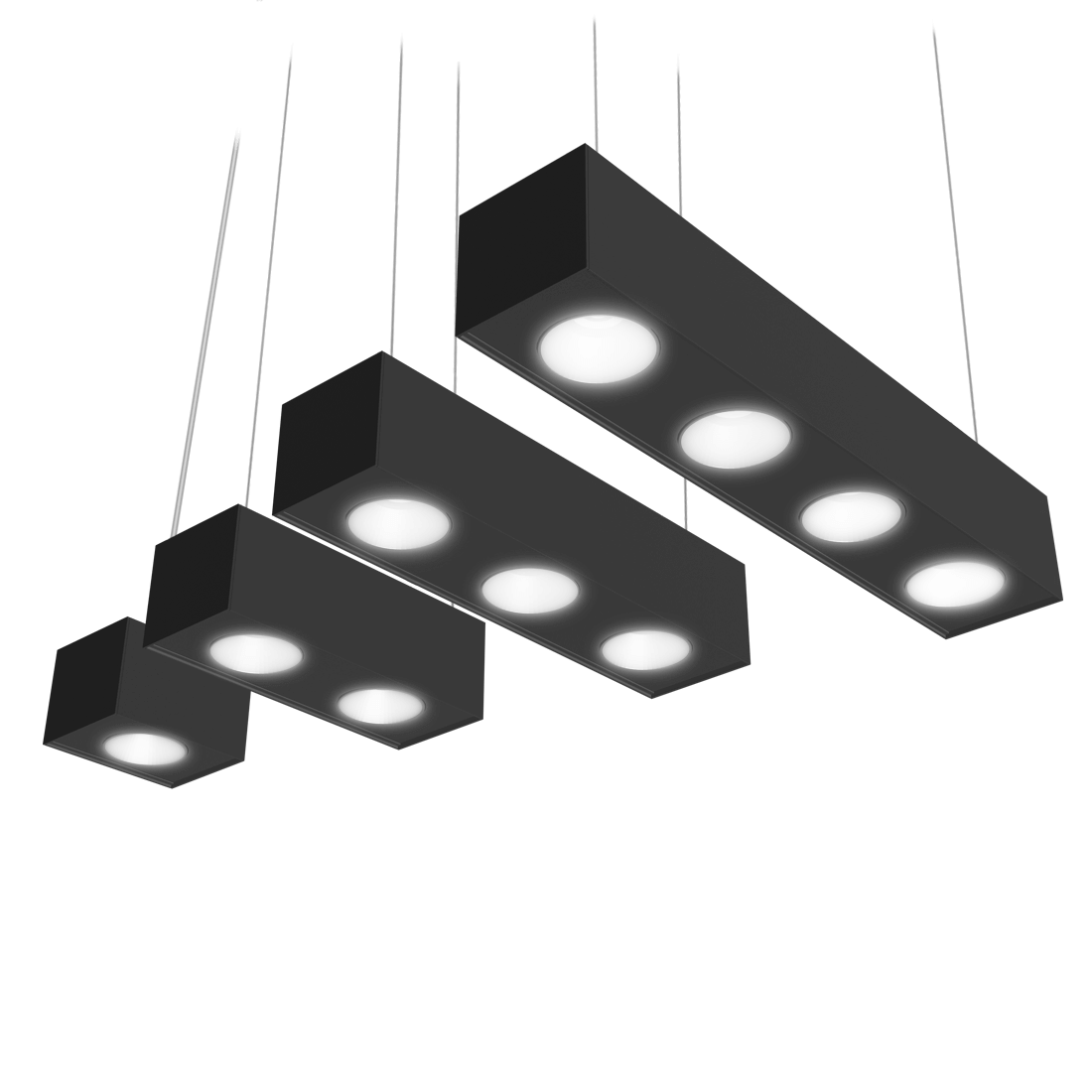 4 black pendant fixtures with spots lights