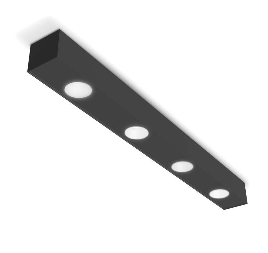 black LED linear rectangular shaped light fixture with 4 spotlights