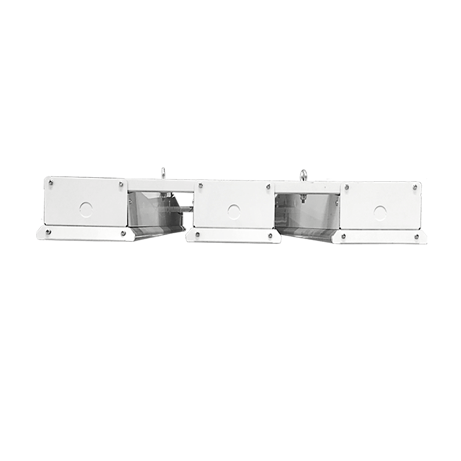 3 white square profile light fixtures joined with a bar across the top