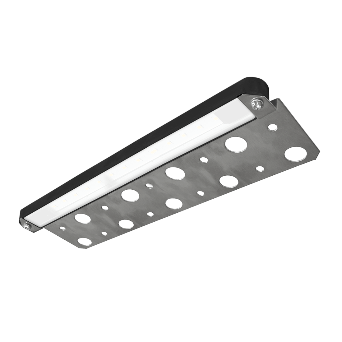 angled image of a 12 inch aluminum low profile outdoor landscape led light fixture.