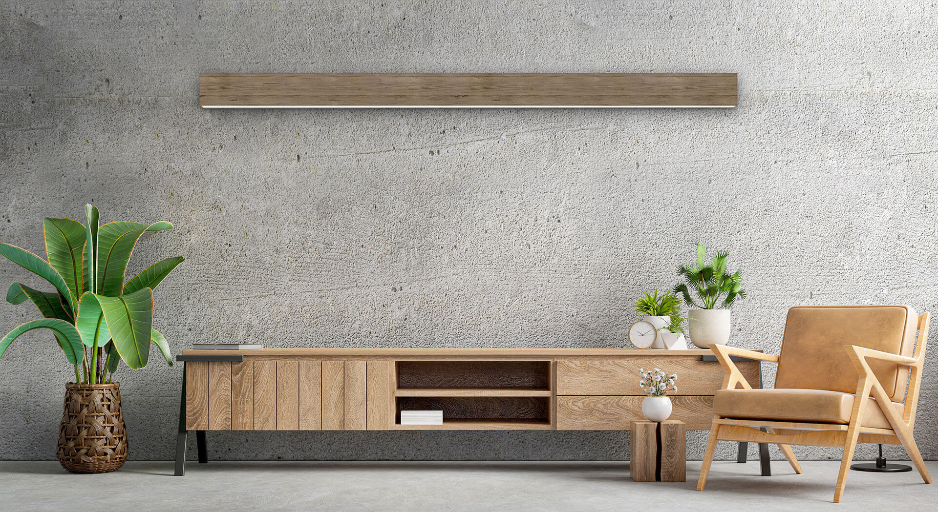 contemporary room with a wood texture wall mount LED fixture