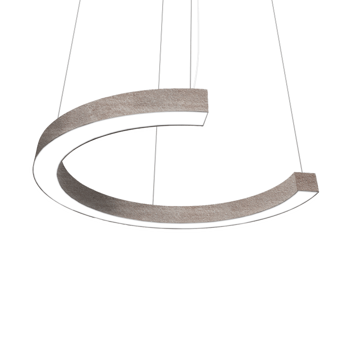 c shaped pendant fixture with light brown felt texture