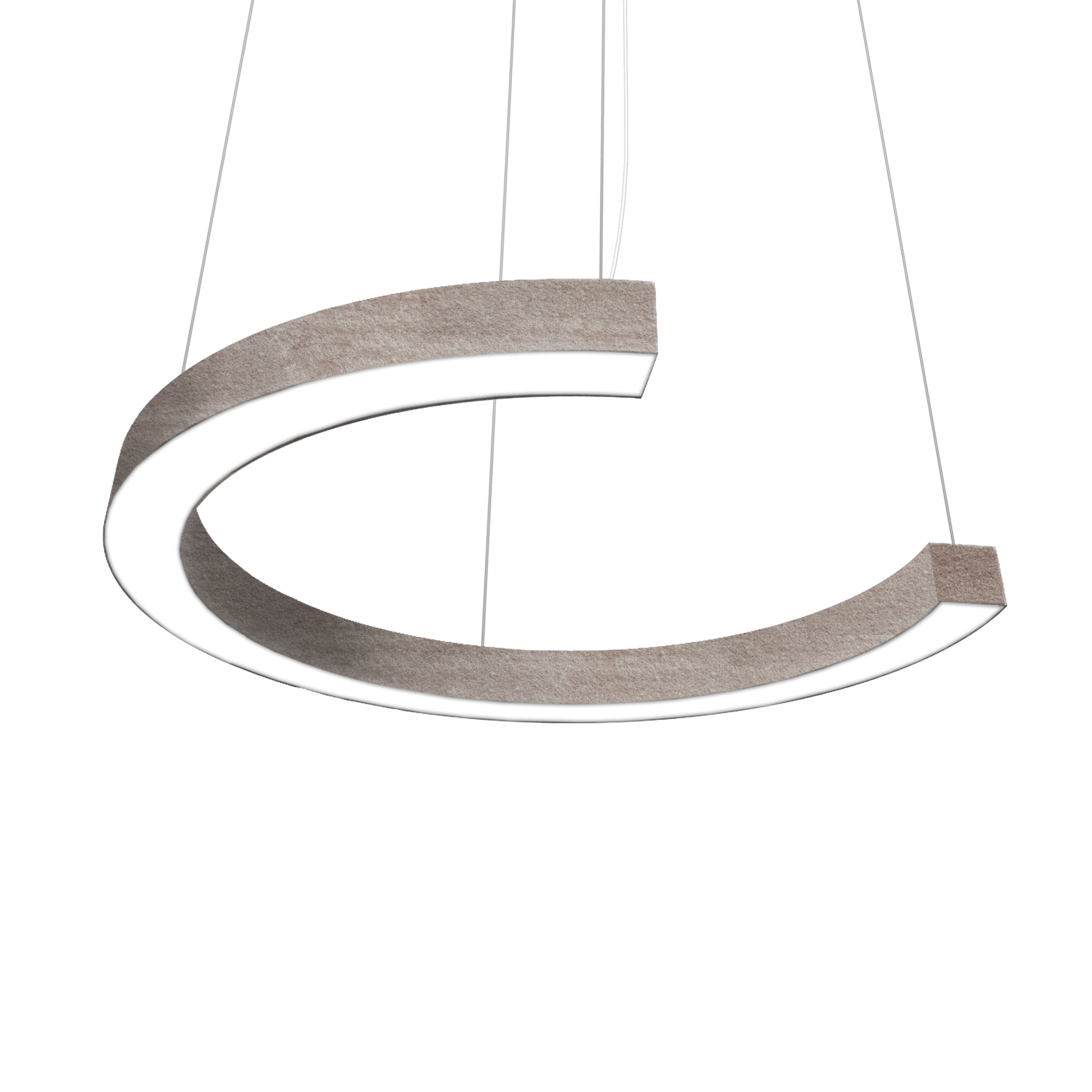 c shaped LED pendant fixture with tan felt texture