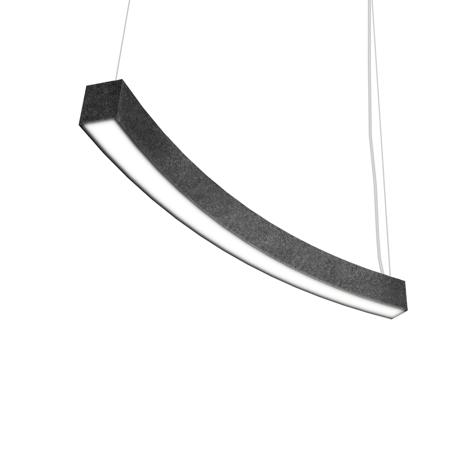dtl_curve_acoustic linear curved pendant light fixture with dark grey felt texture
