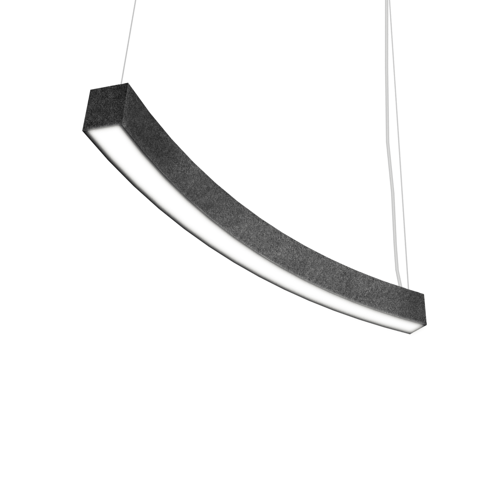 linear curved pendant light fixture with dark grey felt texture