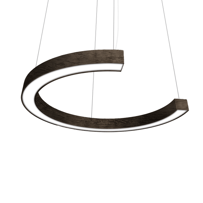 c shaped LED pendant fixture with dark wood texture