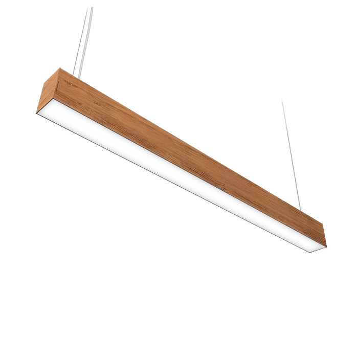 suspended LED light fixture with wood vinyl texture