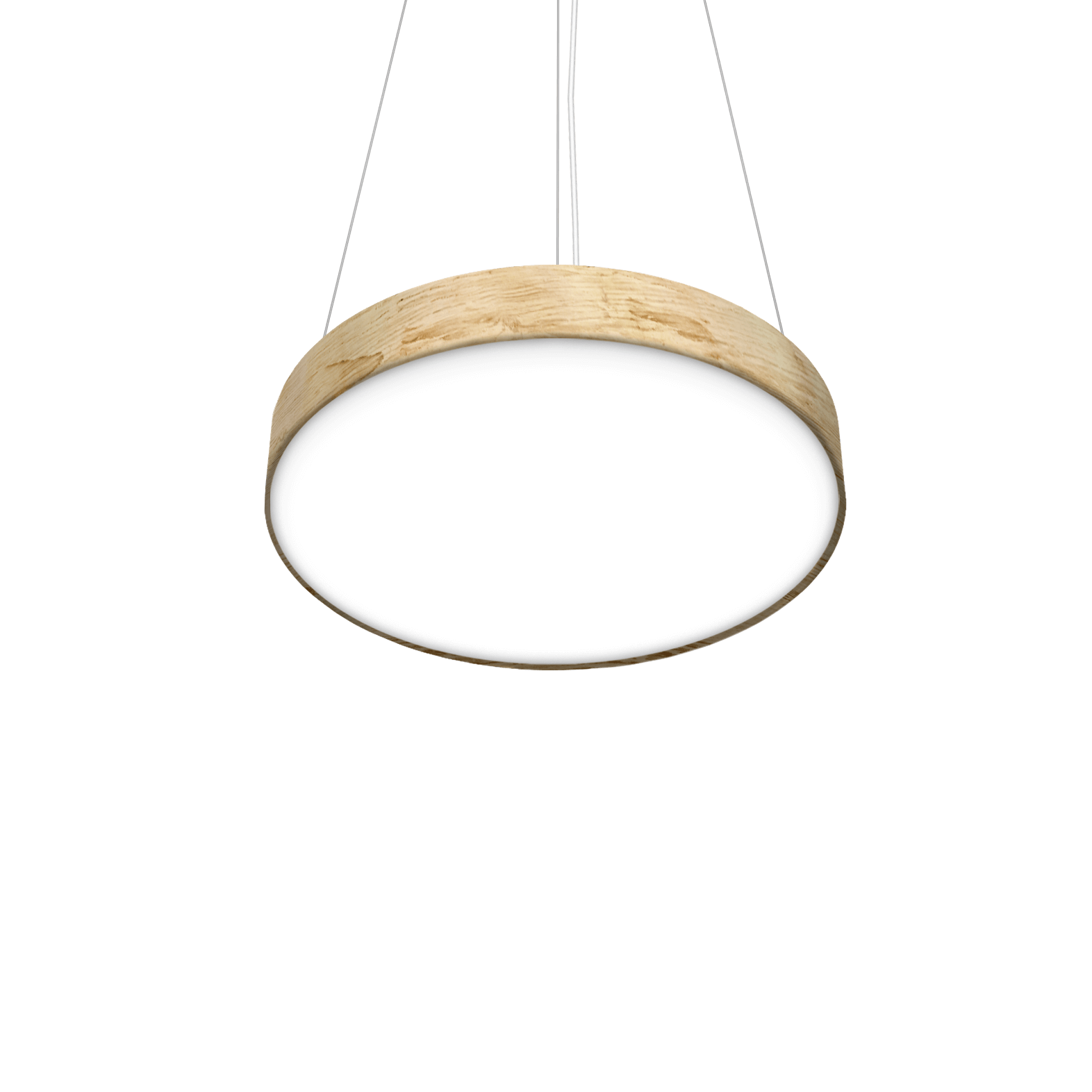 circular pendant LED fixture with a tan wood grain finish