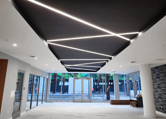 Modern recessed lighting in a zig zag pattern on the ceiling