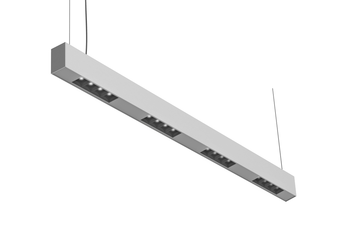 grey linear light fixture with grouped spot lights lens