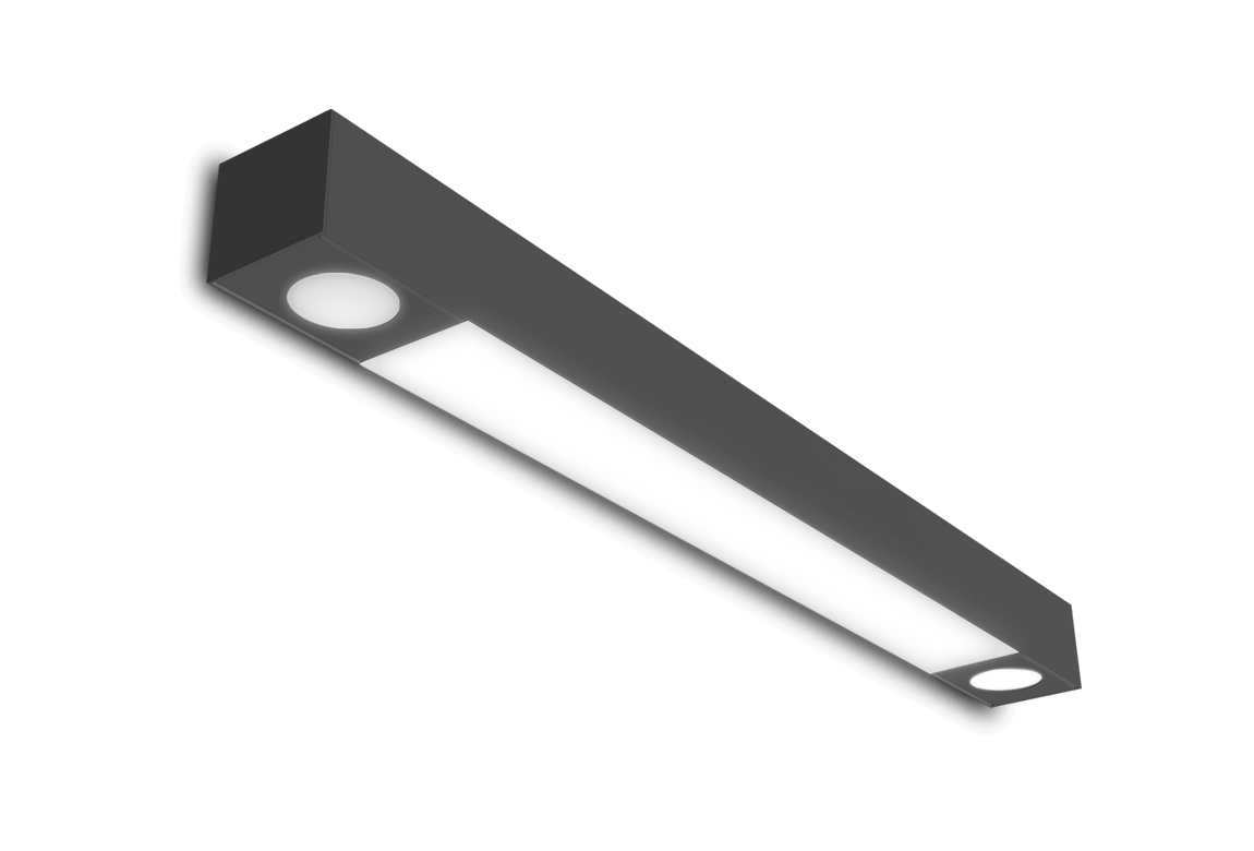 black ceiling mount light fixture with lens in the middle and spot lights at the ends