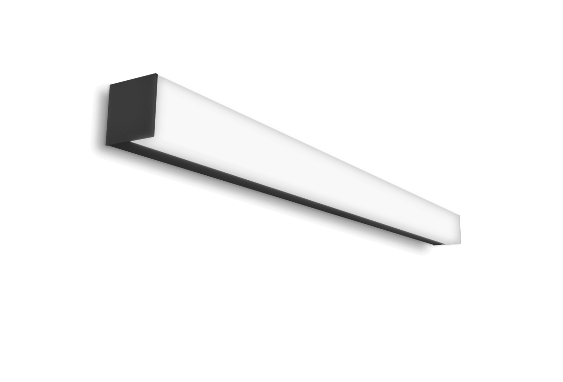 square profile light fixture with white lens mounted to a wall
