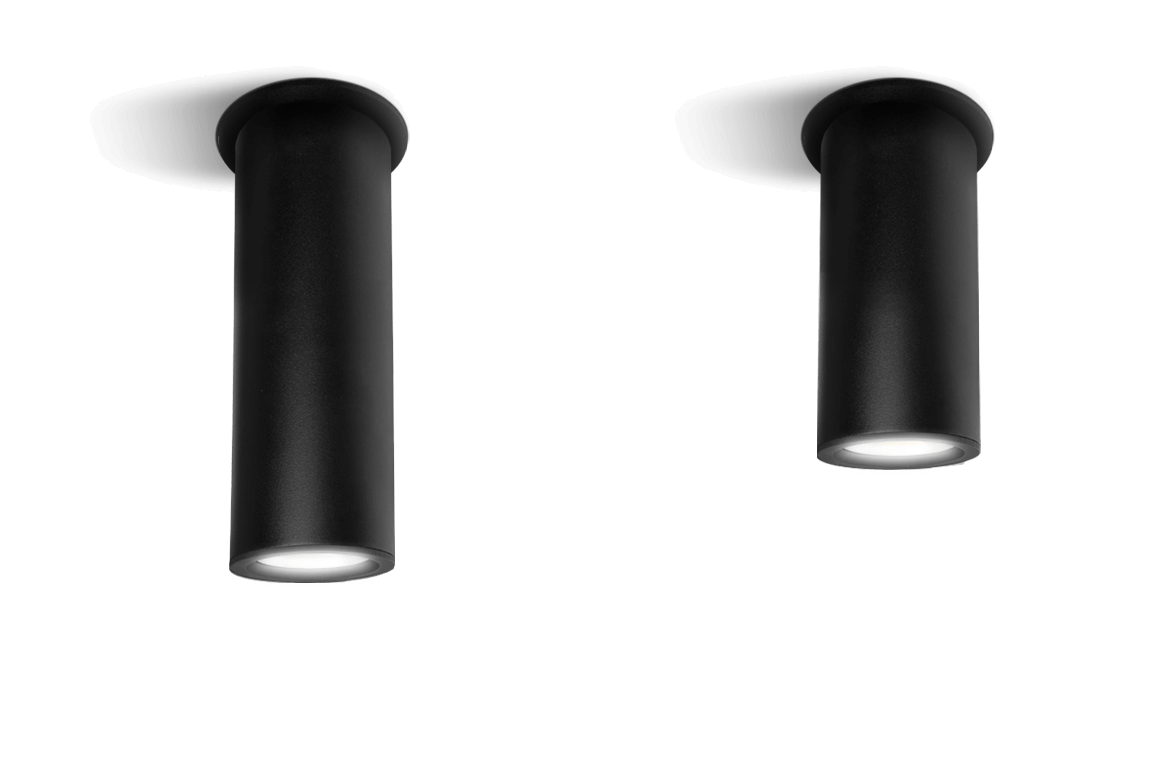 2 surface mounted black cylinder spot lights
