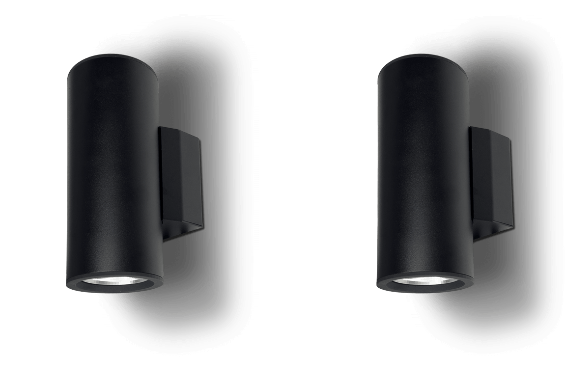 2 black cylinder style wall mount lights