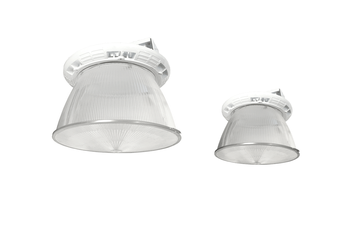 2 LED high bays with white LED casing and frosted lens