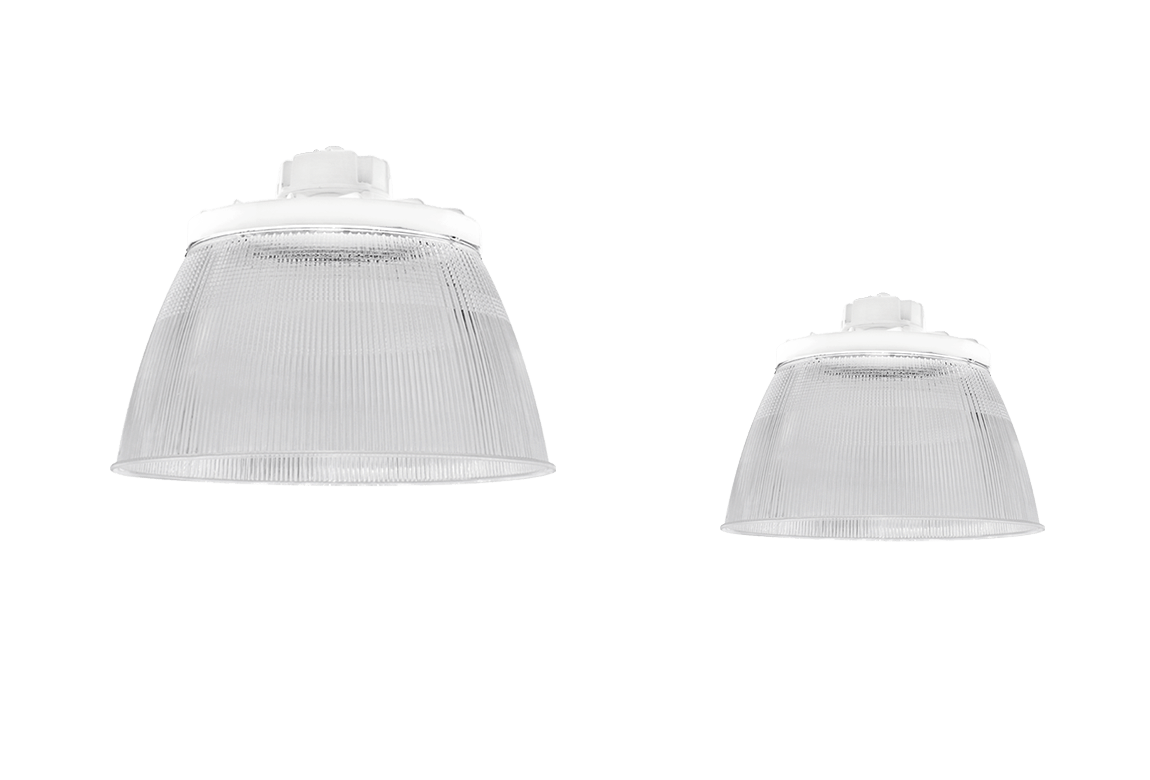 2 LED high bays with ribbed glass lens